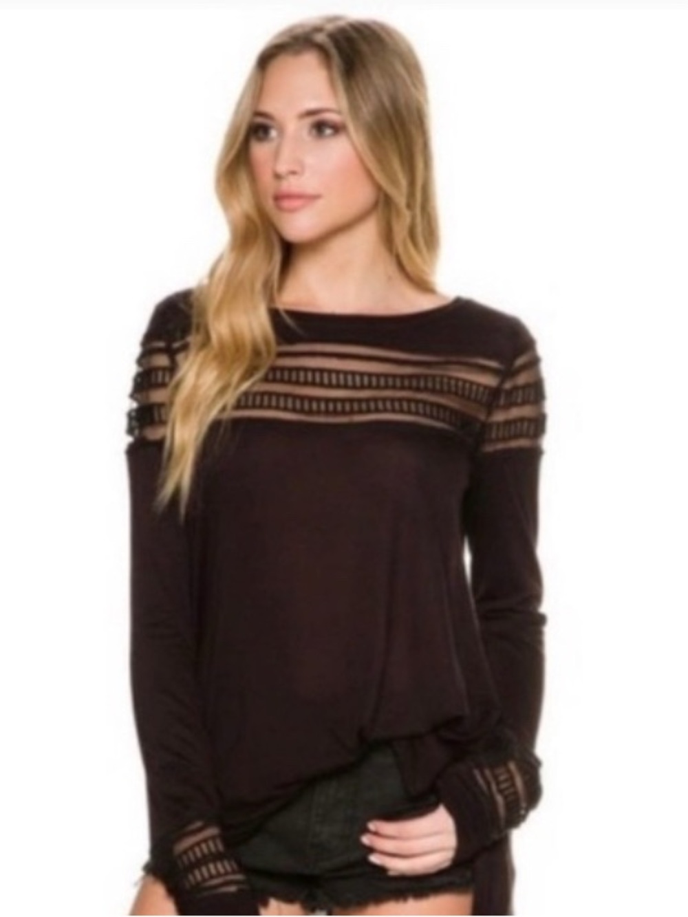 Free People Black Long Sleeve Top with Ladder Lace Yoke - Picture 3 of 3